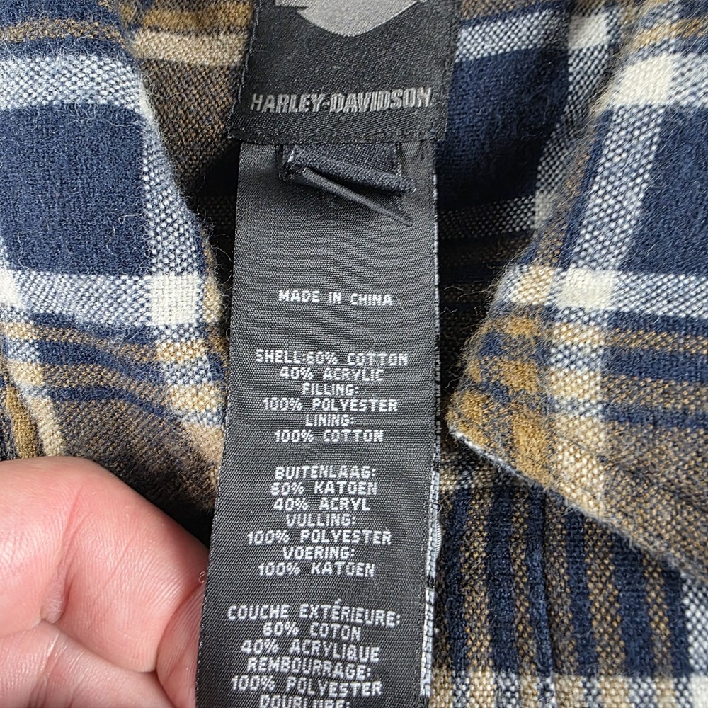 Harley Davidson Quilted Flannel Shirt Jacket Shacket Blue Tan Plaid Biker XXL - Picture 5 of 10